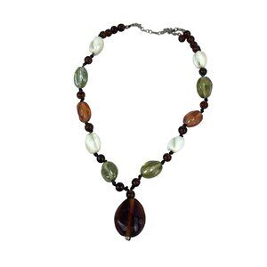Vintage Chunky Glass Beaded Necklace 20" With Earthtone Pendant Boho Style